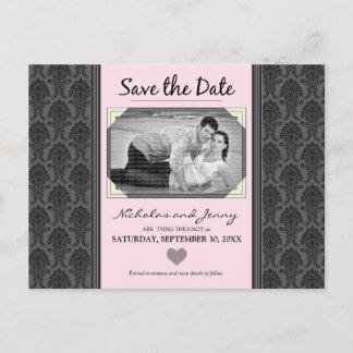 Cartão Postal De Anúncio Fotografia Damask Vintage Rosa Bebê Save the Date