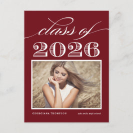 Cartão Postal De Anúncio Fotomural Vermelho Vintage da Turma de 2026 Gradua