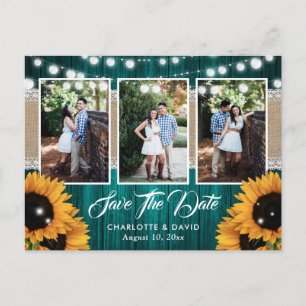 Cartão Postal De Anúncio Fotos de Casamento com Girassóis em Azul Turquesa