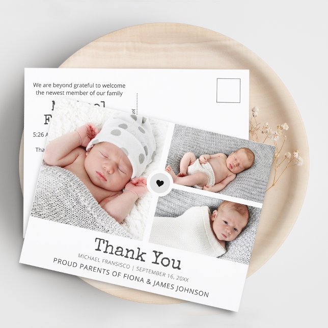Cartão Postal De Anúncio Fotos Modernas em Grade de Colagem Agradecimento N (Modern Thank You Photos Grid Collage Birth Announcement Postcard)