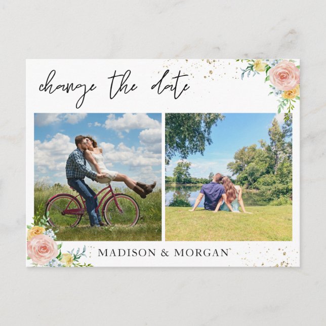 Cartão Postal De Anúncio Fotos Personalizadas Florais para Mudar a Data (Frente)