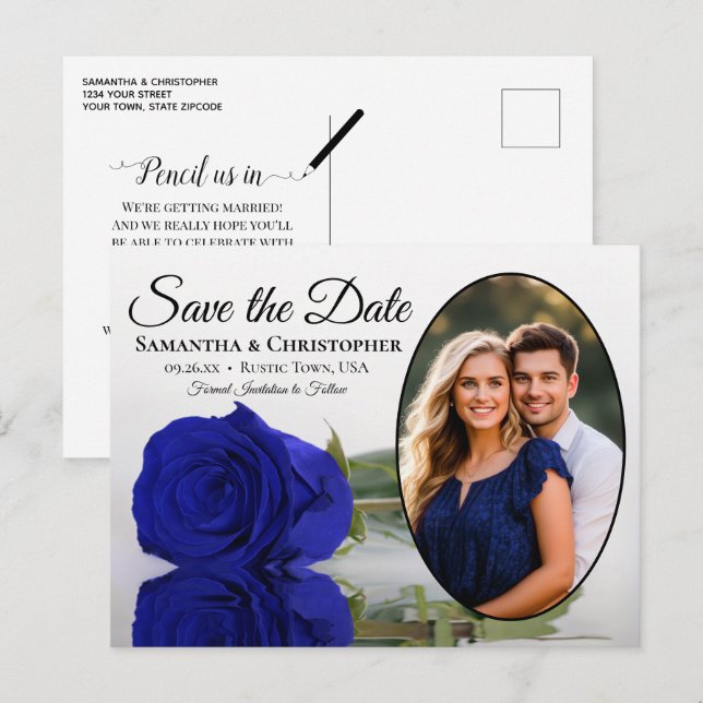 Cartão Postal De Anúncio Fotos Royal Blue Oval Casamento Save The Date (Frente/Verso)