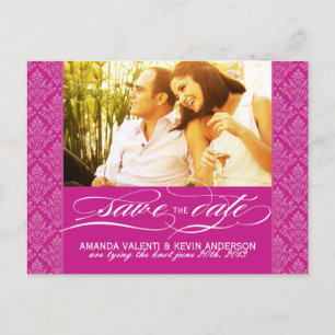 Cartão Postal De Anúncio Fuschia Damask Save Date (Salvar a data)