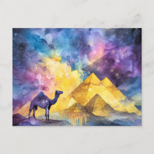 Cartão Postal De Anúncio Galáxia do Deserto em Aquarela Camelo Pirâmide Via