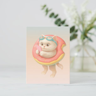 Cartão Postal De Anúncio Gato em Boia de Piscina em Formato de Donut