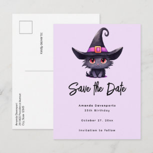 Cartão Postal De Anúncio Gato preto bonito Vestindo chapéu de bruxa
