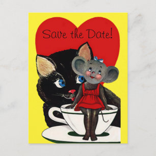 Cartão Postal De Anúncio Gato Vintage Rato Coração Vermelho, Casamento Salv
