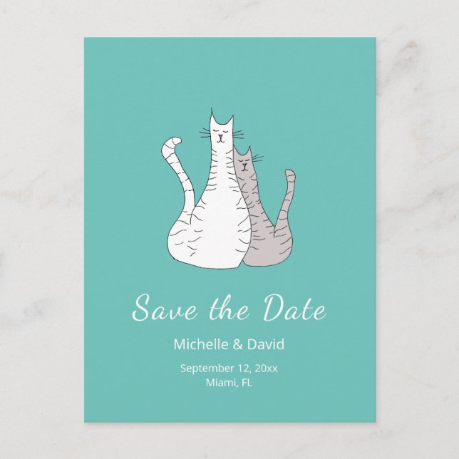 Cartão Postal De Anúncio Gatos da Moda Desenho Casamento Salve a Data Teal  (Frente)