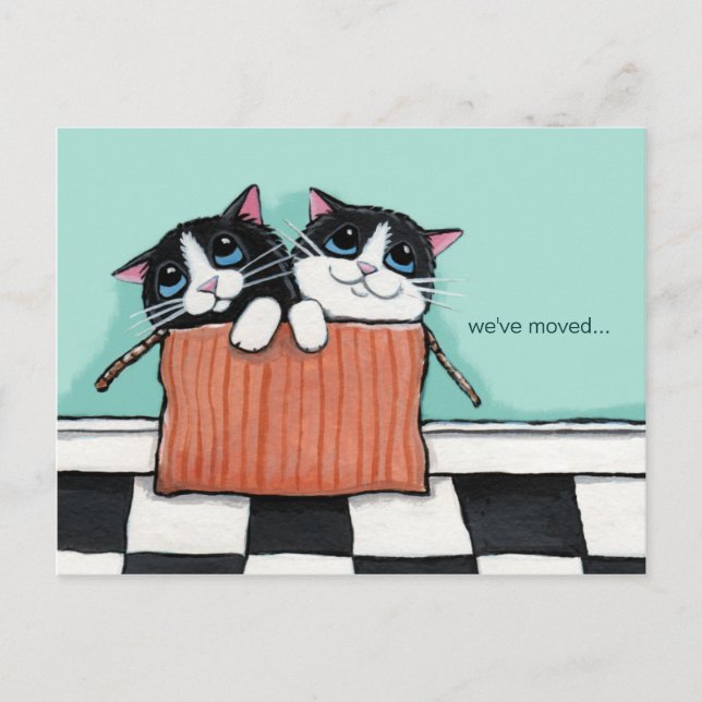 Cartão Postal De Anúncio Gatos em uma Caixa de Embalagem | Adiantamento (Frente)