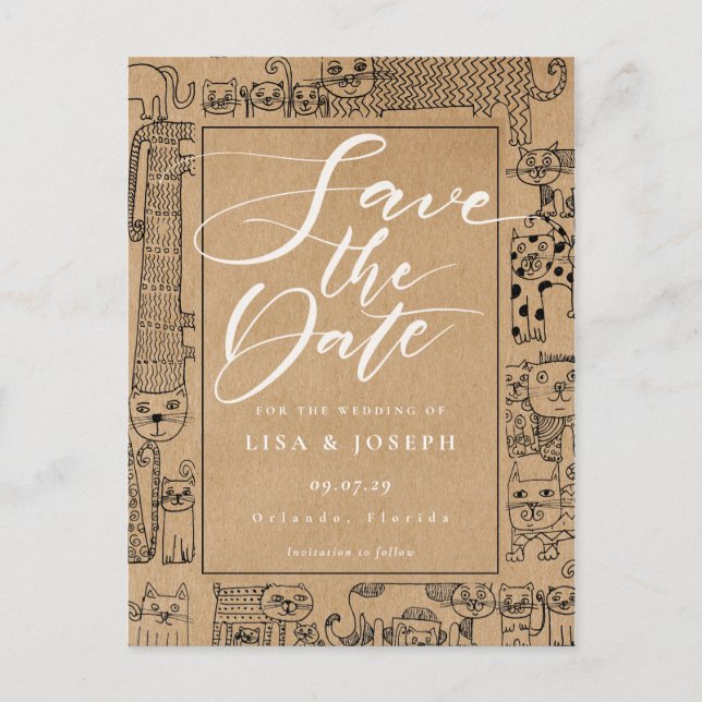 Cartão Postal De Anúncio Gatos Rustic Kraft Script Salvar Data (Frente)