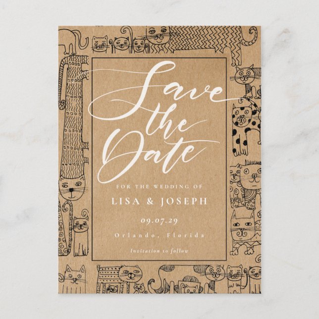 Cartão Postal De Anúncio Gatos Rustic Kraft Script Save the Date (Frente)