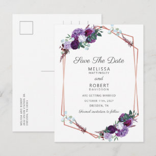 Cartão Postal De Anúncio Geométrico Elegante Floral Roxo Guarde a Data