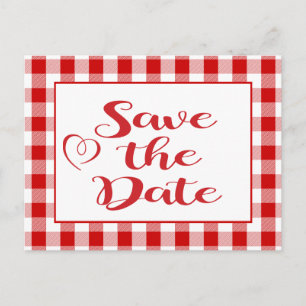 Cartão Postal De Anúncio Gingham Salvar a Data do Casamento Xadrez Vermelho