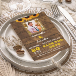 Cartão Postal De Anúncio Girassóis e Madeira Rústica para Casamento Save th