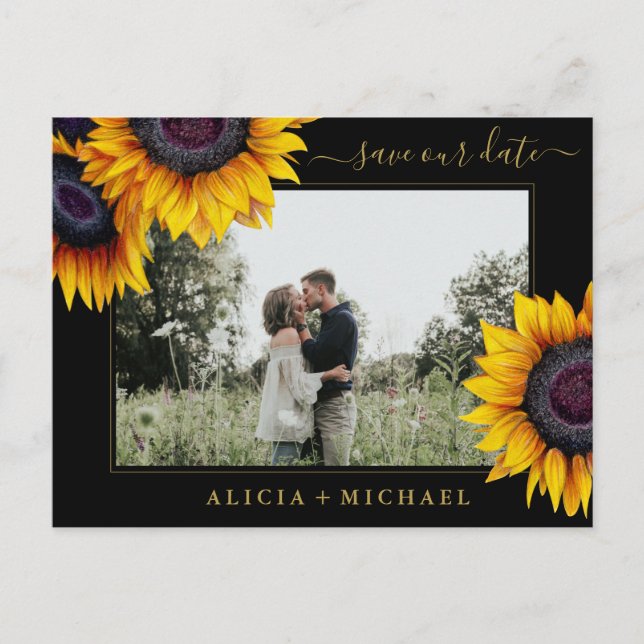 Cartão Postal De Anúncio Girassóis rústicos chique letra salvar data casame (Frente)