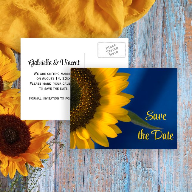 Cartão Postal De Anúncio Girassol Amarelo no Casamento Azul Salvar a Data (Criador carregado)