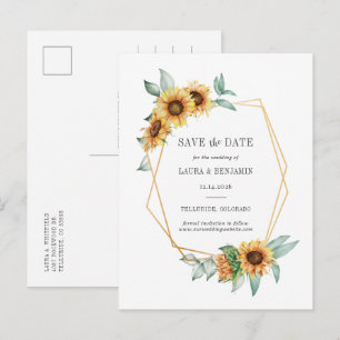 Cartão Postal De Anúncio Girassol Floral Efeito Dourado Geométrico Rústico 