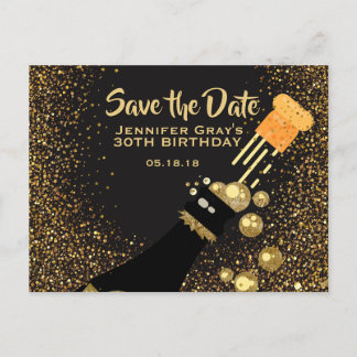 Cartão Postal De Anúncio Glam Black Dourado Salve a Data do Champanhe Anive
