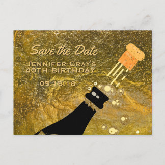 Cartão Postal De Anúncio Glam Black Gold Salve o Dia Champagne Aniversário