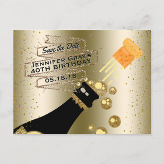 Cartão Postal De Anúncio Glam Dourado Champagne Salve a Data do Aniversário