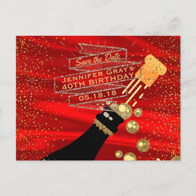 Cartão Postal De Anúncio Glam Dourado Red Salve Data Champagne Aniversário (Frente)