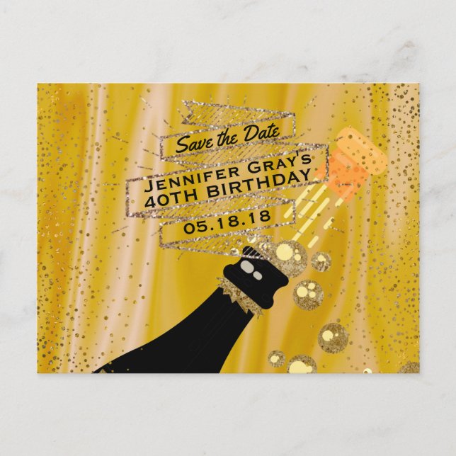 Cartão Postal De Anúncio Glam Dourado Salve a Data do Champanhe Aniversário (Frente)