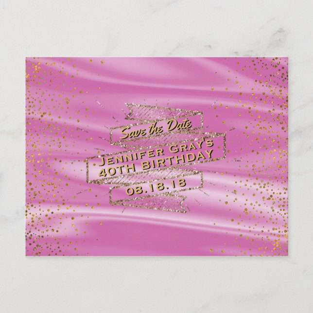 Cartão Postal De Anúncio Glam Gold Rosa Salve a Data Festa de Aniversário d (Frente)
