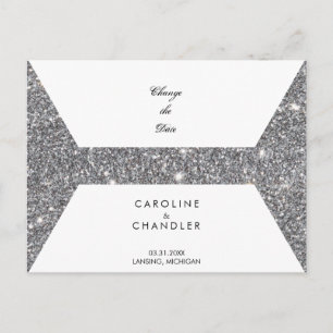 Cartão Postal De Anúncio Glam Prata Brilho Mudança de Data do Casamento