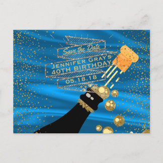 Cartão Postal De Anúncio Glamour Dourado Azul Salve a Data Champanhe Aniver