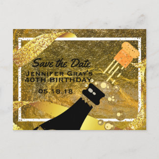 Cartão Postal De Anúncio Glamour Dourado Preto Salve a Data Champanhe Anive