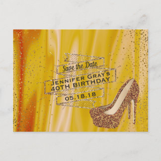 Cartão Postal De Anúncio Glamour Dourado Salve a Data Festa de Aniversário