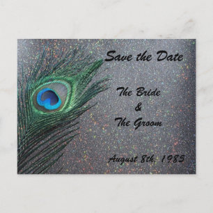 Cartão Postal De Anúncio Glittery Black Peacock Salve a data