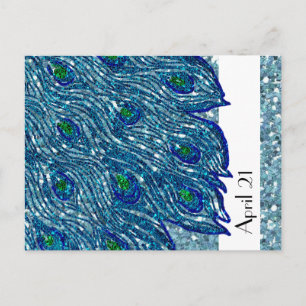 Cartão Postal De Anúncio Glittery Blue Spangle Peacock Save the Date
