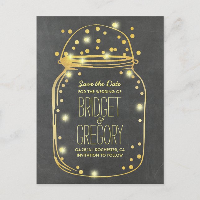 Cartão Postal De Anúncio Gold Foil Mason Jar - Confetti Salvar a Data (Frente)