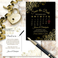 Gold Frills Black Wedding Save the Date Calendar