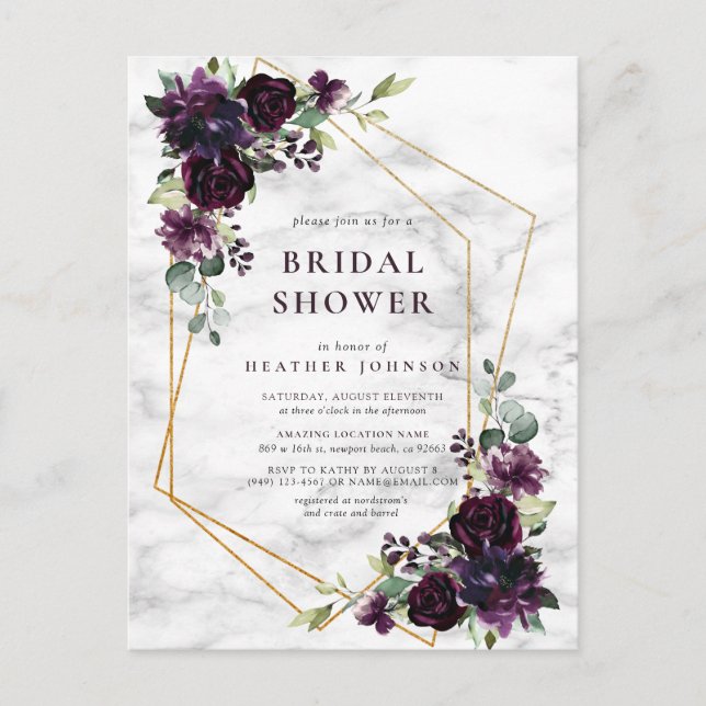 Cartão Postal De Anúncio Gold Geometric Plum Purple Floral Bridal Shower (Frente)