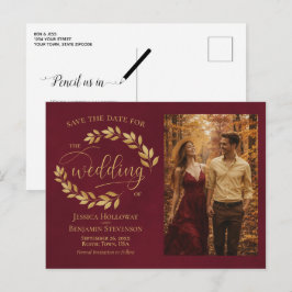 Cartão Postal De Anúncio Gold Leaves Burgundy Wedding Save the Date Photo