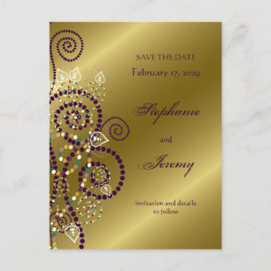 Cartão Postal De Anúncio gordo Boho Roxo Espirais Dourado Salvar Data