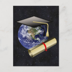 Cartão Postal De Anúncio Gorro de Formatura, Terra com diploma - Fundo Estr