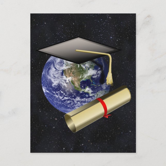 Cartão Postal De Anúncio Gorro de Formatura, Terra com diploma - Fundo Estr (Frente)