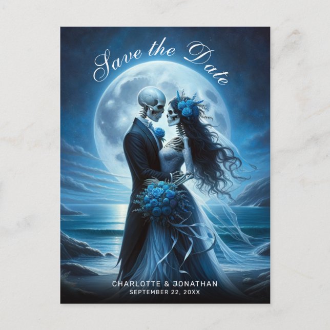Cartão Postal De Anúncio Gothic Blue Skeleton Couple Wedding Save the Date (Frente)