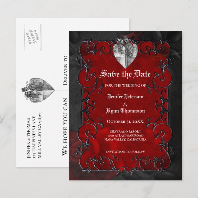 Cartão Postal De Anúncio Gothic halloween wedding save the date postcard (Frente/Verso)