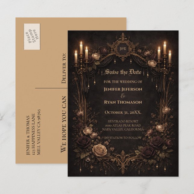 Cartão Postal De Anúncio Gothic halloween wedding save the date postcard (Frente/Verso)