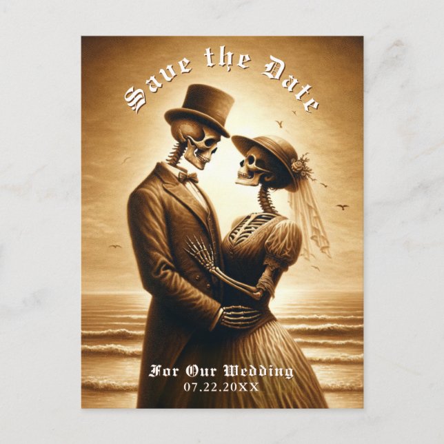 Cartão Postal De Anúncio Gothic Sepia Skeleton Couple Wedding Save the Date (Frente)