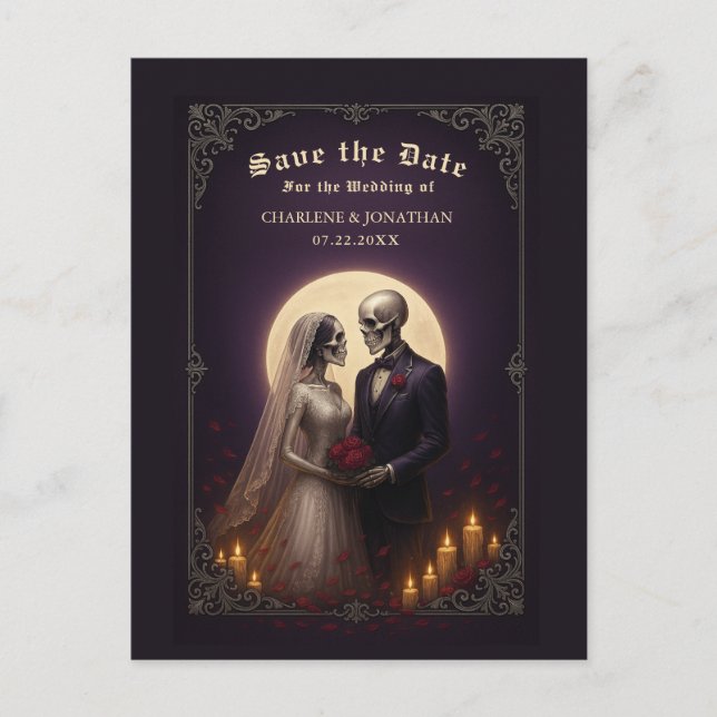 Cartão Postal De Anúncio Gothic Skeleton Couple Purple Save the Date (Frente)