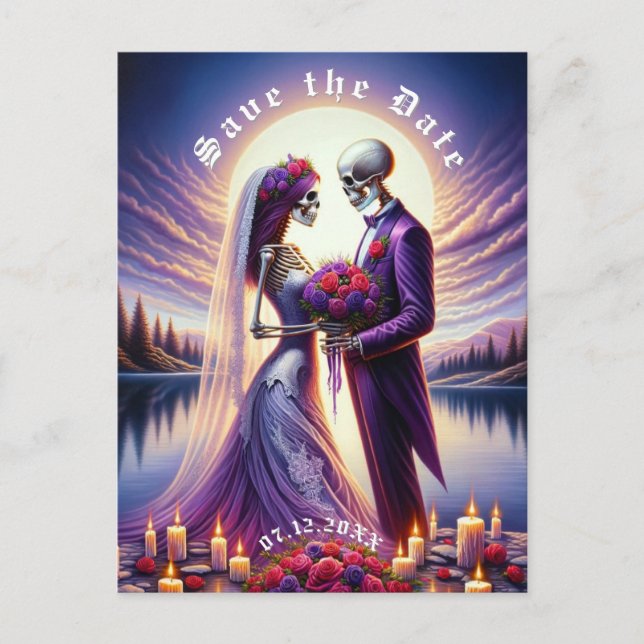 Cartão Postal De Anúncio Gothic Skeleton Couple Red Roses Save the Date (Frente)