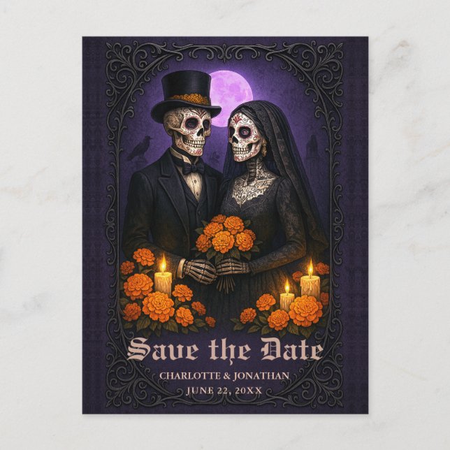 Cartão Postal De Anúncio Gothic Skull Candy Couple Wedding Save the Date (Frente)