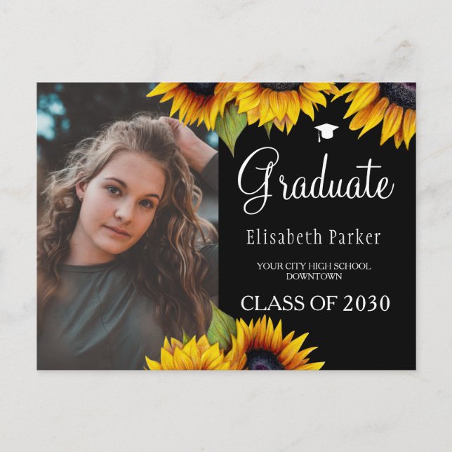 Cartão Postal De Anúncio Grad photo chic sunflowers graduation announcement (Frente)