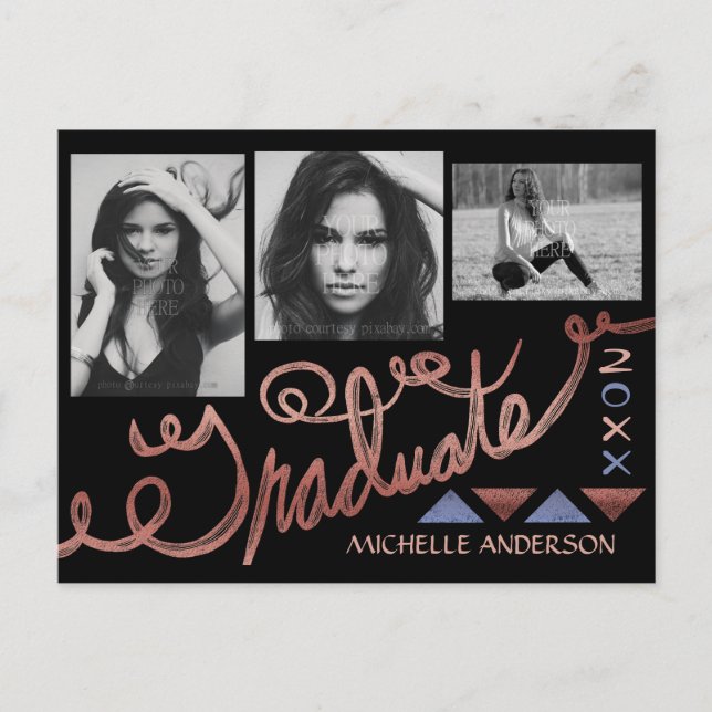 Cartão Postal De Anúncio Graduação 2023 Foto Colagem Faux Rosa Gold Foil (Frente)