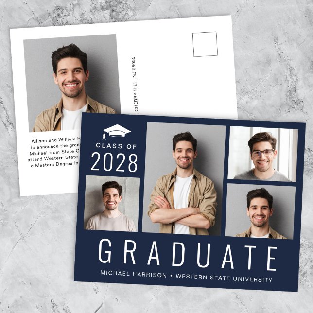 Cartão Postal De Anúncio Graduação Azul de Colagem de Foto Moderna Mínima 5 (Minimal Modern 5 Photo Collage Blue Graduation Announcement Postcard)
